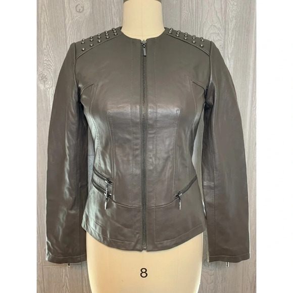 Neiman Marcus Studded Taupe Leather Jacket XS - Picture 1 of 5